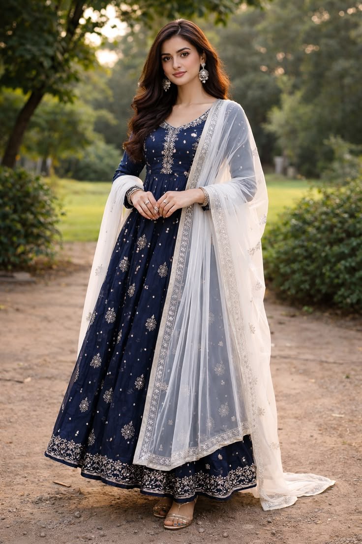 Navy Blue Embroidered
